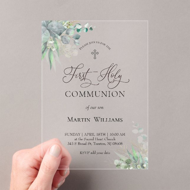 watercolor greenery foliage | First Communion  Acrylic Invitations (Insitu (Handheld))