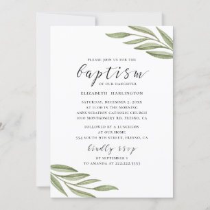 Watercolor greenery foliage. Floral script baptism Invitation