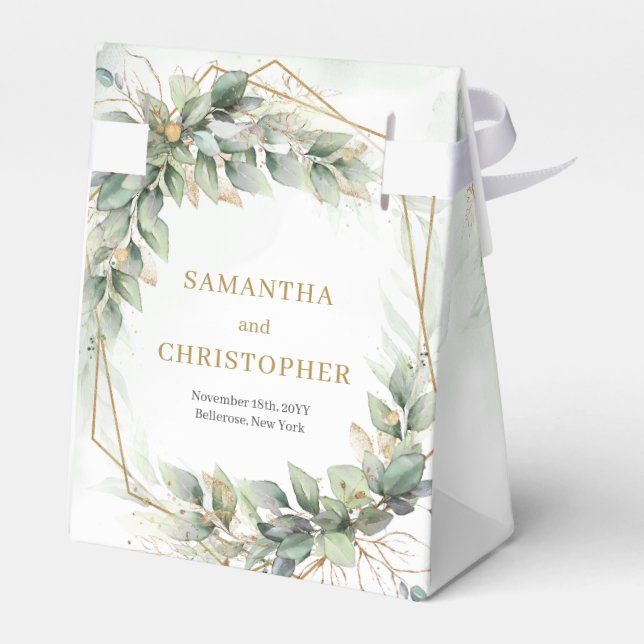 Watercolor greenery foliage gold glitter wedding favour box (Back Side)