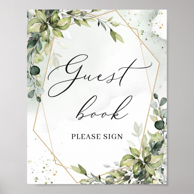Watercolor greenery foliage gold guest book sign (Front)