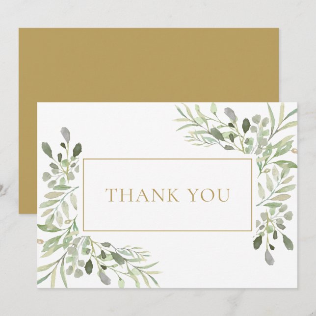 Watercolor Greenery Foliage Gold  Thank You Card (Front/Back)