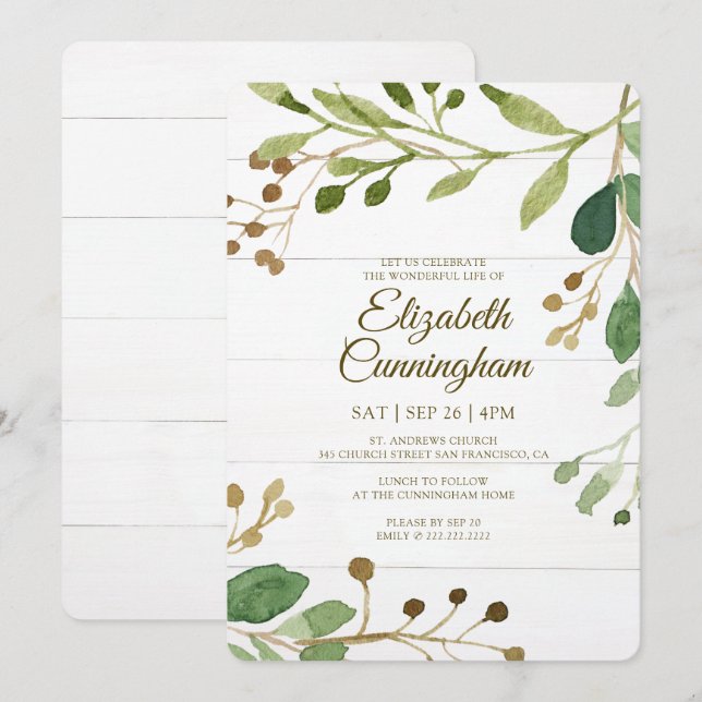 Watercolor Greenery Foliage Greenery Memorial Invitation (Front/Back)