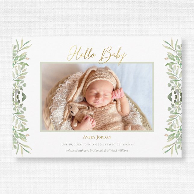 Watercolor Greenery Foliage Leaves Baby Announcement (Creator Uploaded)