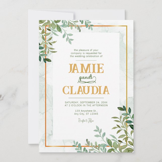 Watercolor greenery foliage leaves Wedding Invitation (Front)
