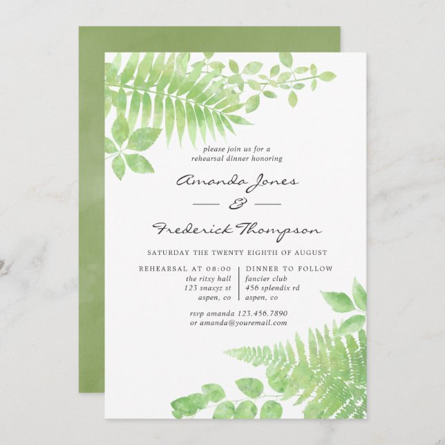 Watercolor Greenery Foliage Rehearsal Dinner Invitation (Front/Back)