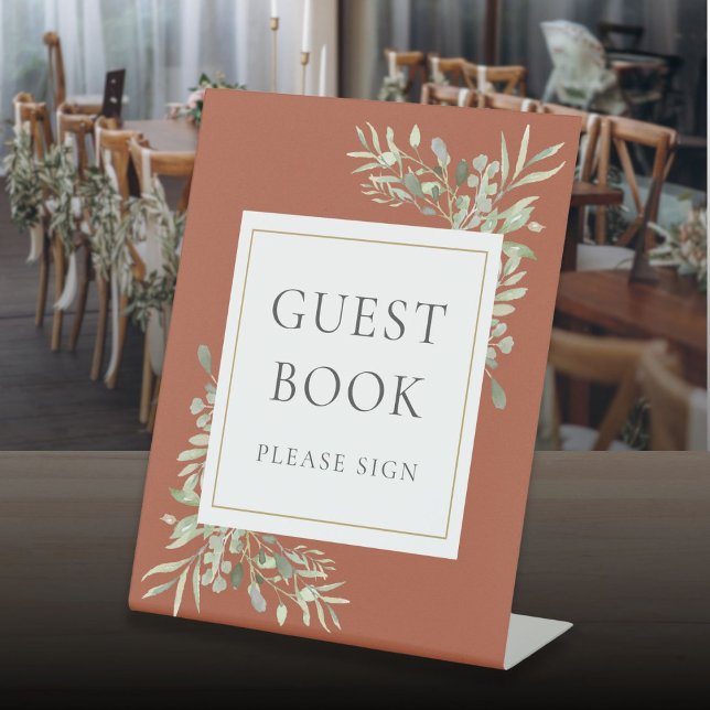 Watercolor Greenery Foliage Terracotta Guest Book Pedestal Sign (Watercolor Greenery Foliage Terracotta Guest Book Pedestal Sign)