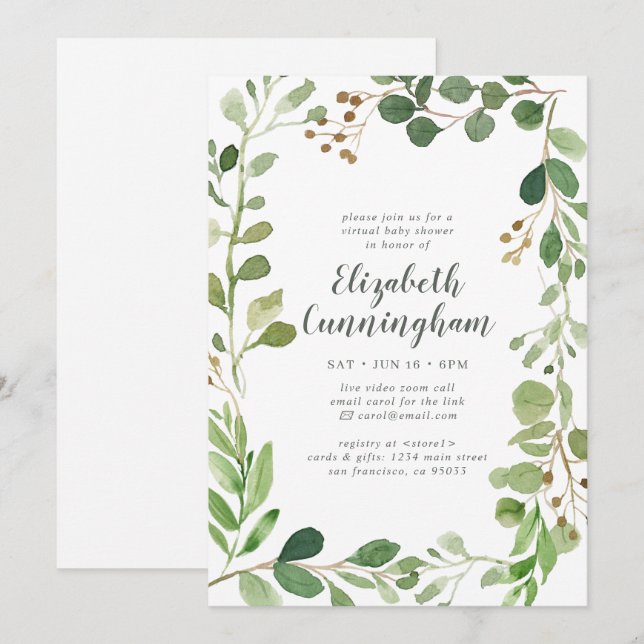 Watercolor Greenery Foliage Virtual Baby Shower Invitation (Front/Back)