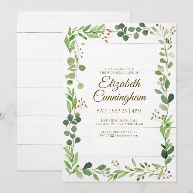 Watercolor Greenery Foliage Virtual Memorial Invitation (Front/Back)