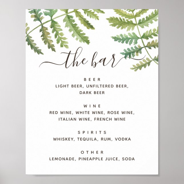 Watercolor greenery foliage wedding drinks bar poster (Front)