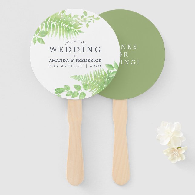 Watercolor Greenery Foliage Wedding Favour Hand Fan (Front and Back)