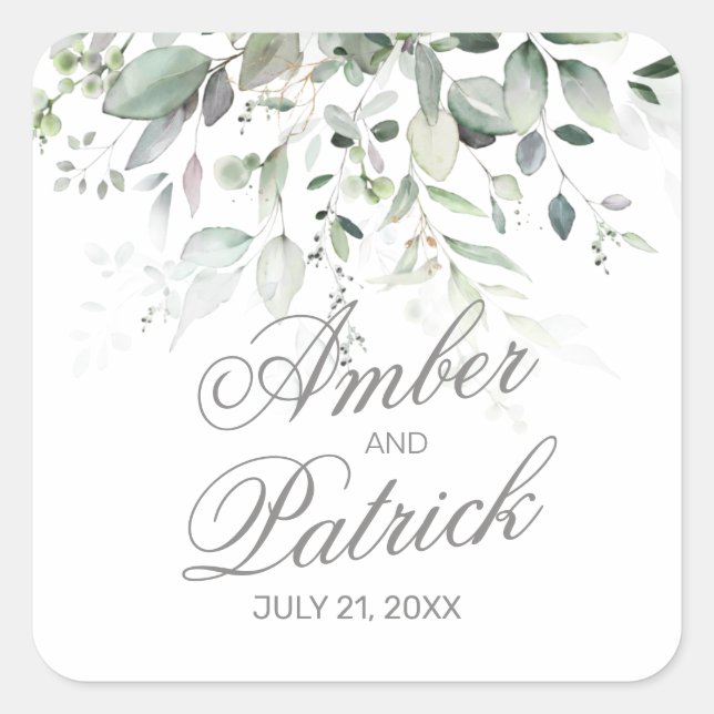 Watercolor Greenery Foliage Wedding   Square Sticker (Front)