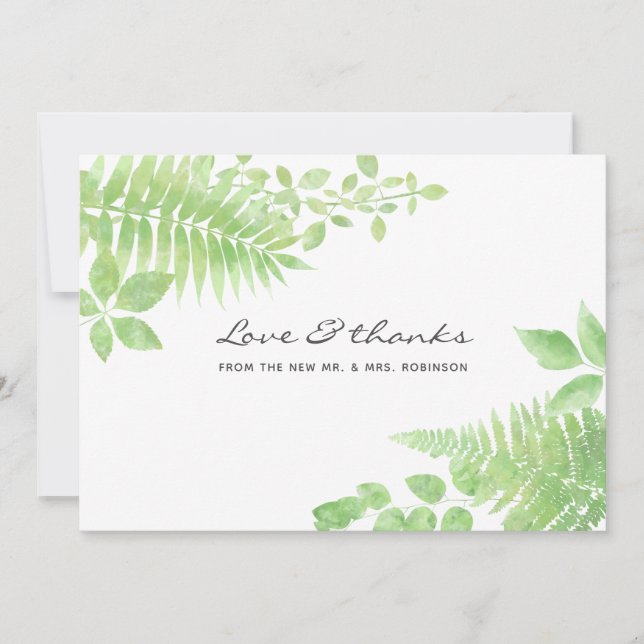 Watercolor Greenery Foliage Wedding Thank You Card (Front)