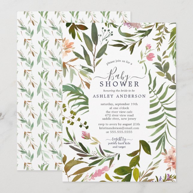 Watercolor Greenery Frame Botanical Baby Shower Invitation (Front/Back)