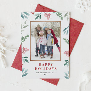 Watercolor Greenery Frame Happy Holidays Photo Holiday Card