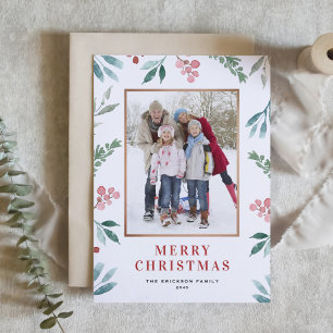 Watercolor Greenery Frame Merry Christmas Photo Holiday Card