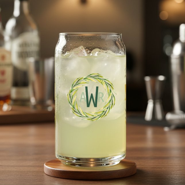 Watercolor Greenery Frame Monogram ID667 Can Glass (Creator Uploaded)