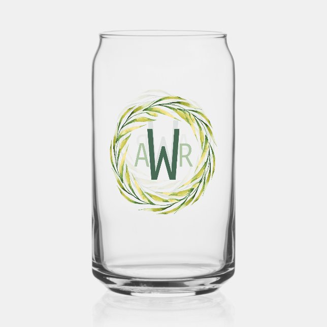 Watercolor Greenery Frame Monogram ID667 Can Glass (Front)