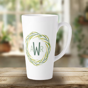 Watercolor Greenery Frame Monogram ID667 Latte Mug