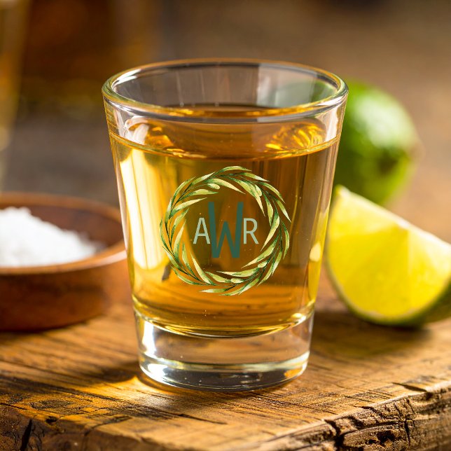 Watercolor Greenery Frame Monogram ID667 Shot Glass (Creator Uploaded)