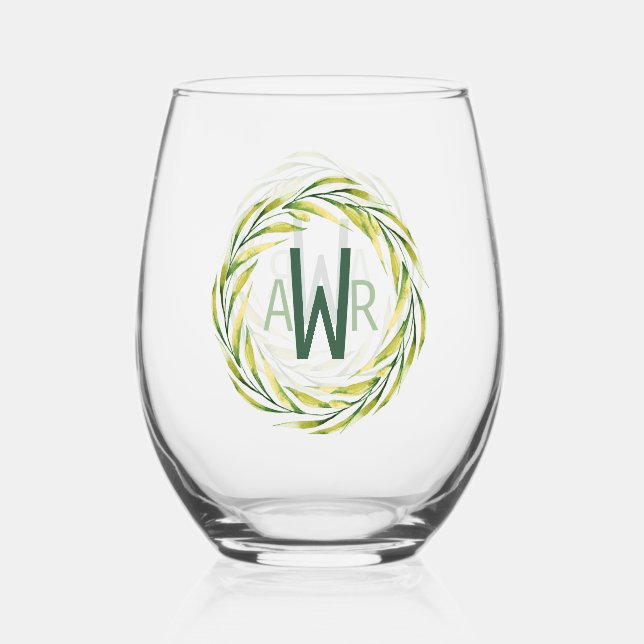 Watercolor Greenery Frame Monogram ID667 Stemless Wine Glass (Front)