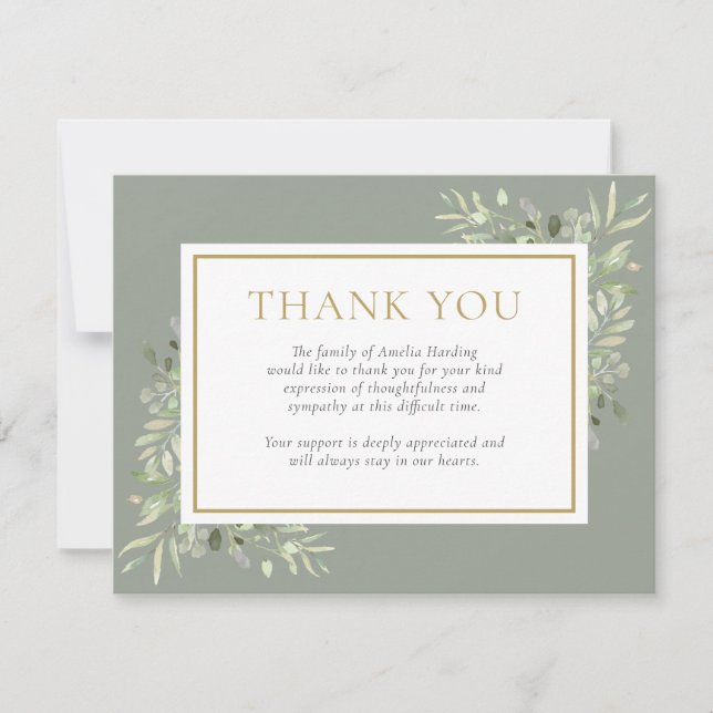 Watercolor Greenery Funeral Celebration Of Life Thank You Card (Front)