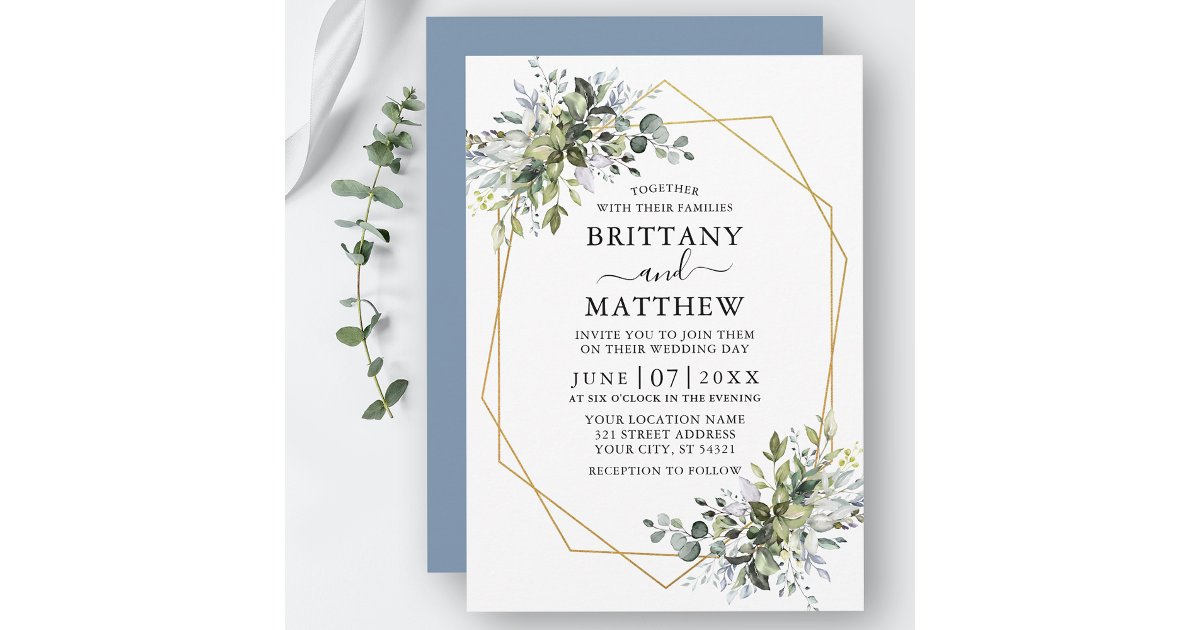 Watercolor Greenery Geo Frame Dusty Blue Wedding Invitation | Zazzle
