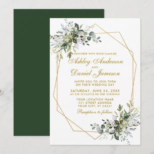 Watercolor Greenery Geo Frame Gold Wedding Invitation