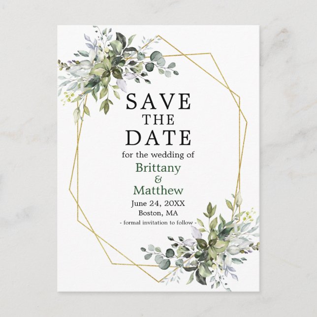 Watercolor Greenery Geo Frame Green Save The Date Postcard (Front)
