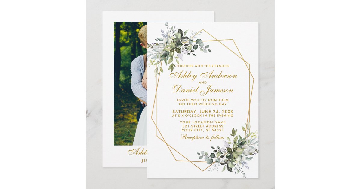 Watercolor Greenery Geo Frame Photo Gold Wedding Invitation | Zazzle