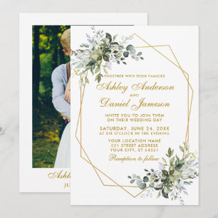 Watercolor Greenery Geo Frame Photo Gold Wedding Invitation