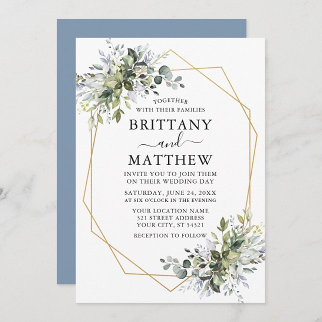 Watercolor Greenery Geo Frame Wedding Dusty Blue Invitation (Front/Back)