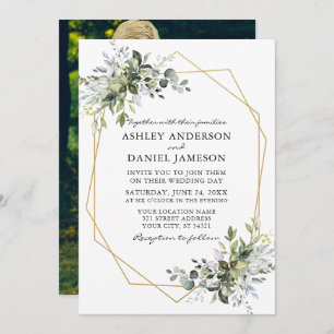 Watercolor Greenery Geo Frame Wedding Photo Back Invitation