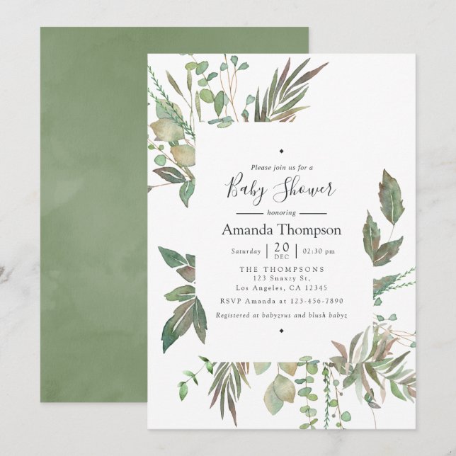 Watercolor Greenery Geometric Baby Shower Invitation (Front/Back)