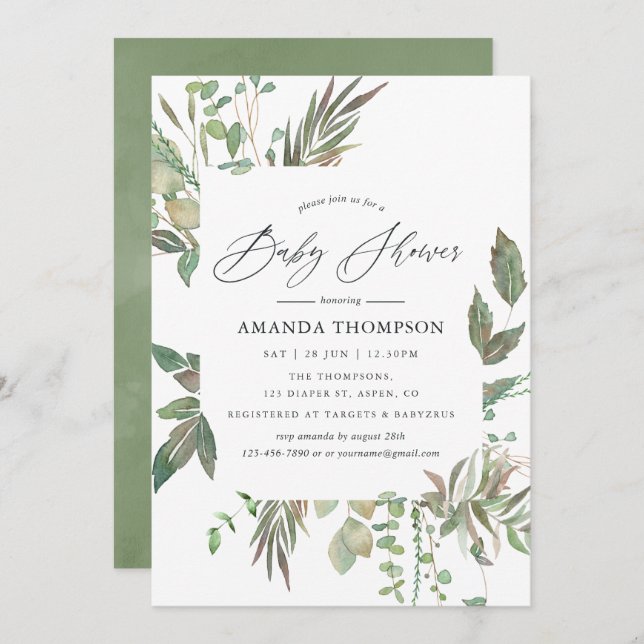 Watercolor Greenery Geometric Baby Shower Invitation (Front/Back)