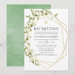 Watercolor Greenery Geometric Bat Mitzvah Invitation