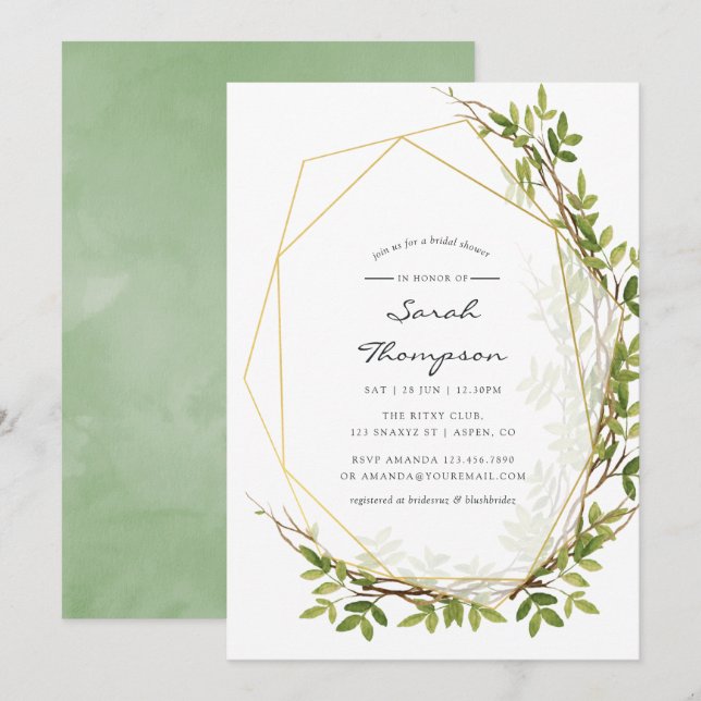 Watercolor Greenery Geometric Bridal Shower Invite (Front/Back)