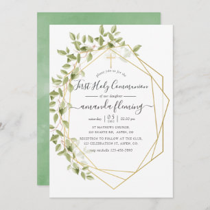 Watercolor Greenery Geometric First Holy Communion Invitation