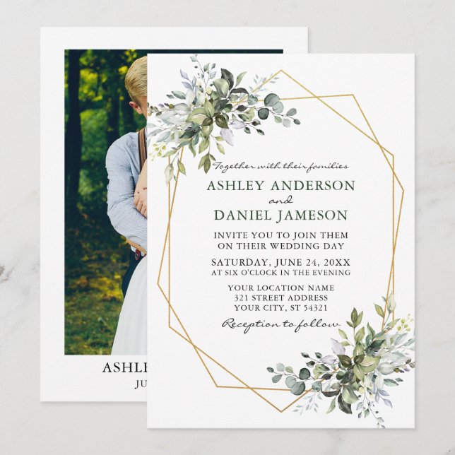 Watercolor Greenery Geometric Frame Photo Wedding Invitation (Front/Back)