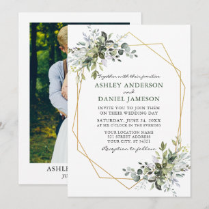 Watercolor Greenery Geometric Frame Photo Wedding Invitation