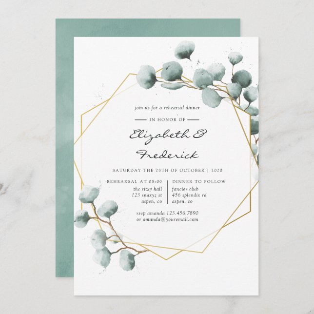 Watercolor Greenery Geometric Rehearsal Dinner Invitation (Front/Back)