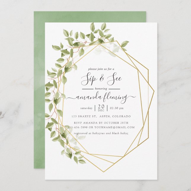 Watercolor Greenery Geometric Sip and See Invitation (Front/Back)