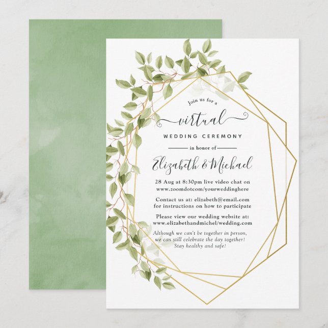 Watercolor Greenery Geometric Virtual Wedding Invitation (Front/Back)