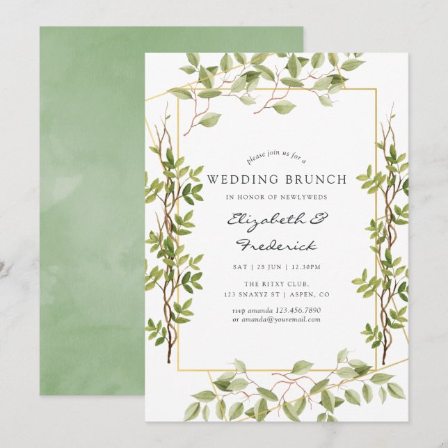 Watercolor Greenery Geometric Wedding Brunch Invitation (Front/Back)