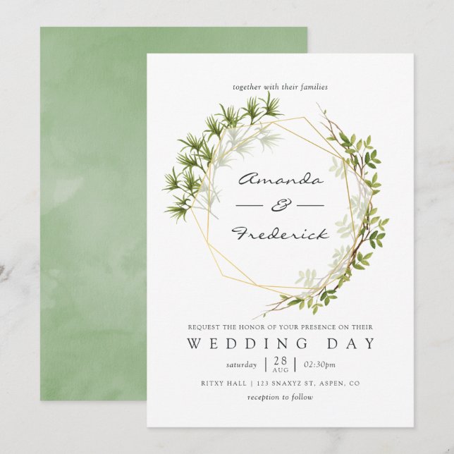Watercolor Greenery Geometric Wedding Invitation (Front/Back)