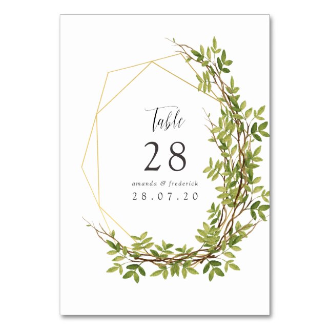 Watercolor Greenery Geometric Wedding Table Number (Front)