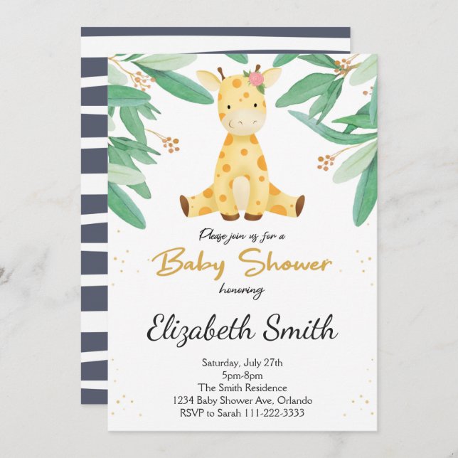 Watercolor Greenery Giraffe Baby Shower Invite (Front/Back)