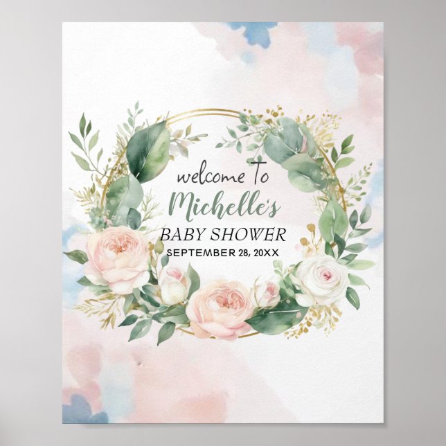 Watercolor Greenery girl baby shower welcome sign (Front)