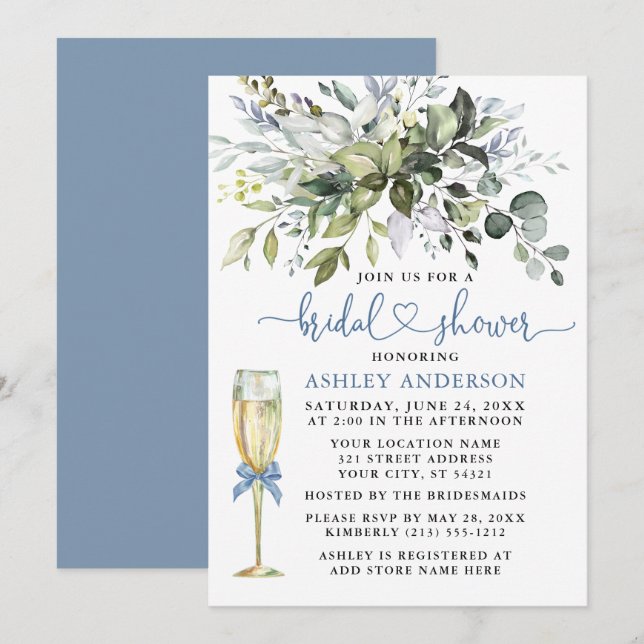 Watercolor Greenery Glass Dusty Blue Heart Shower Invitation (Front/Back)