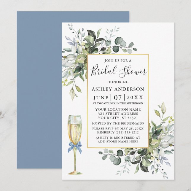  Watercolor Greenery Glass Dusty Blue Shower Invitation (Front/Back)