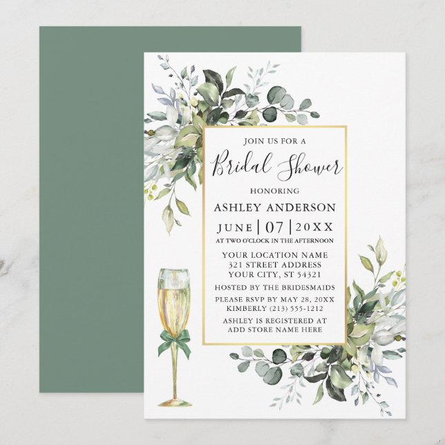  Watercolor Greenery Glass Sage Green Shower Invitation (Front/Back)